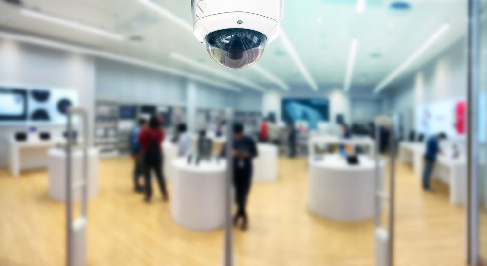 CCTV security panorama with shop store blurry background.